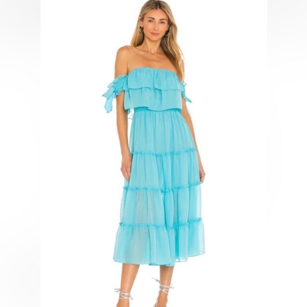 Misa Los Angeles 💎 Blue Ruffled Tiered Midi Dress, Size XS. Very good condition